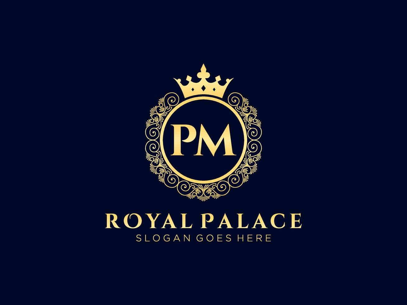 Letter PM Antique royal luxury victorian logo with ornamental frame. vector