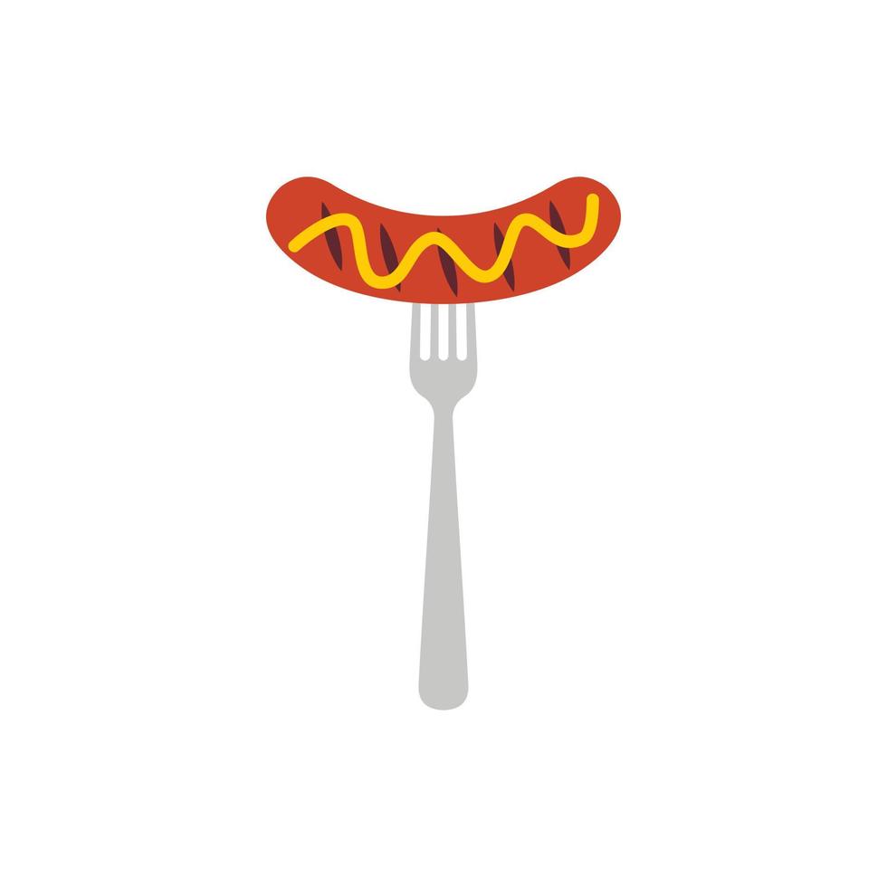 Grilled sausage on fork icon, flat style vector