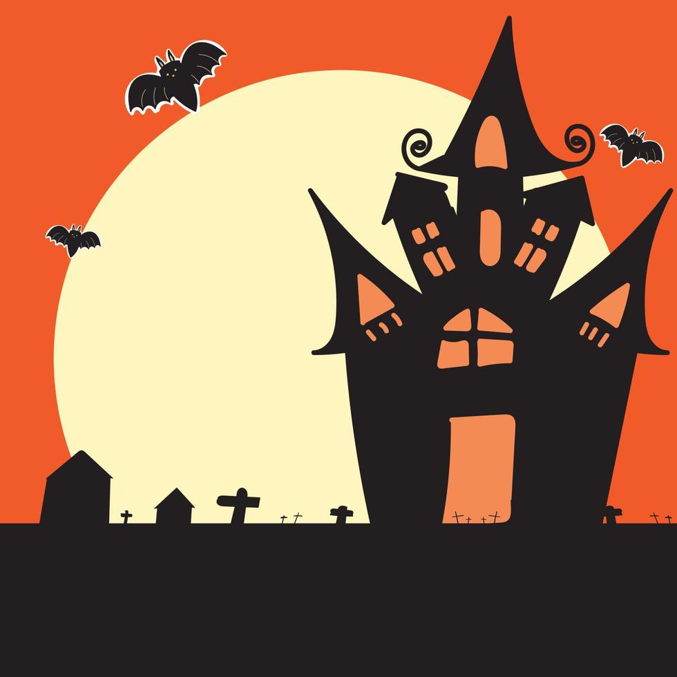 Halloween house with full moon isolated on orange background vector