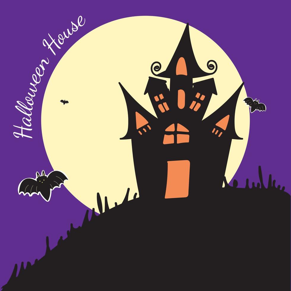 Hand drawn Halloween house isolated the moon bat house hill on purple background. vector