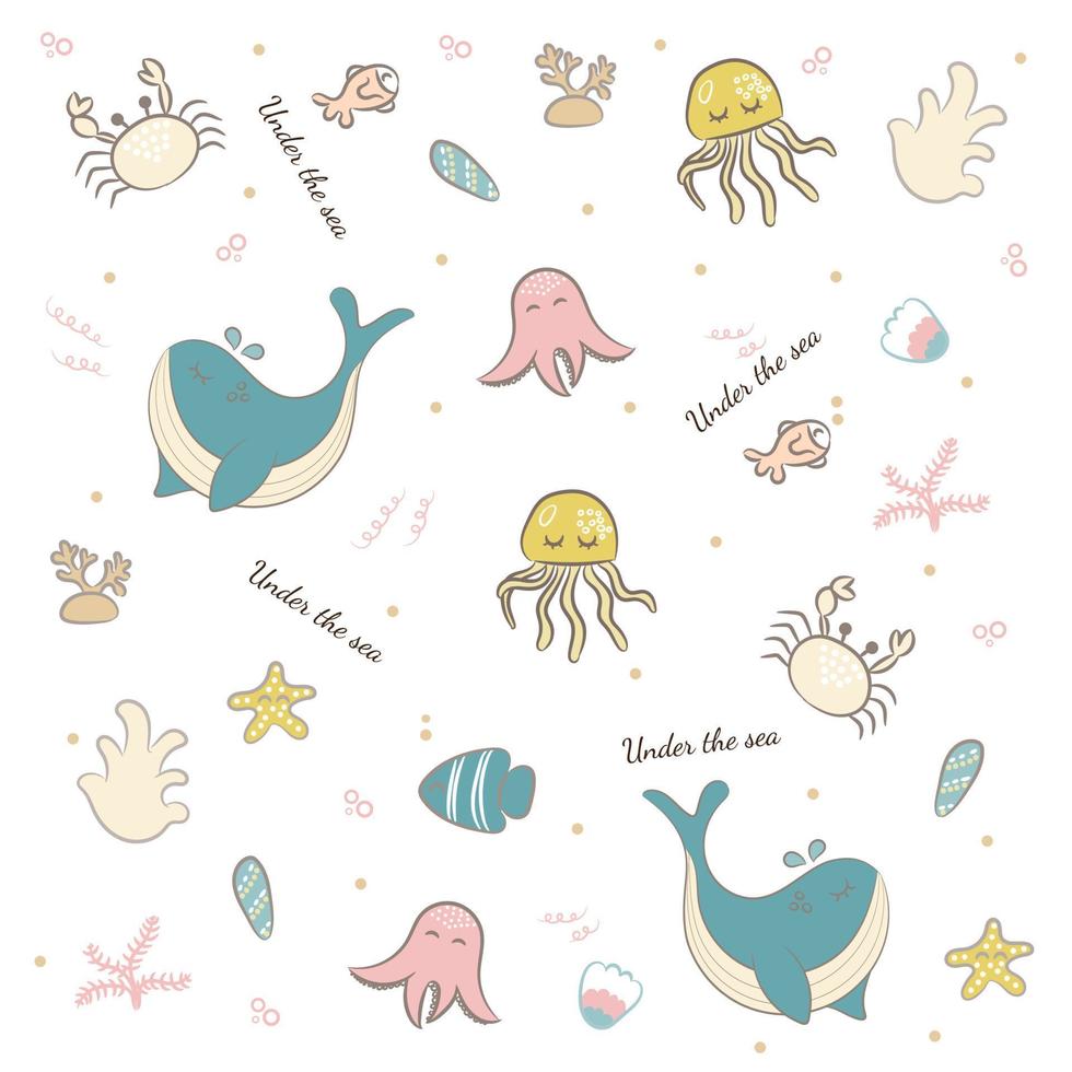 Under the sea cute whale jellyfish sea plant cartoon style on white background vector