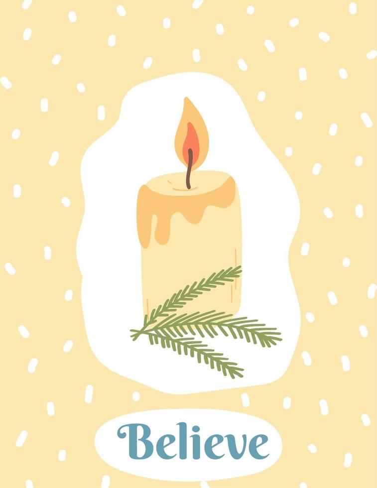 tarjeta postal de Navidad con velas encendidas en estilo plano de dibujos animados. ilustración vectorial dibujada a mano de la tarjeta de vacaciones de invierno, plantilla web vector