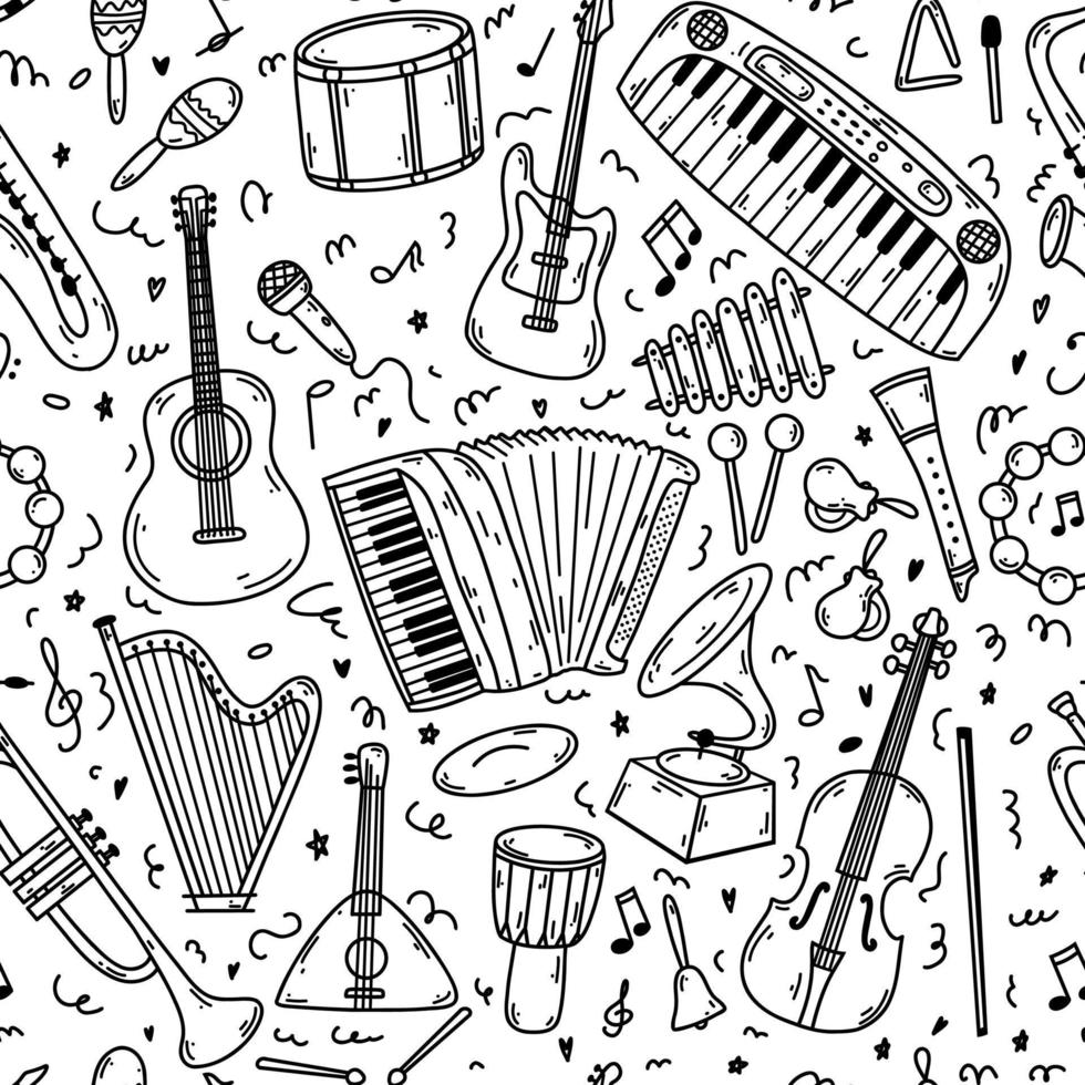 patrón sin costuras con instrumentos musicales de fideos dibujados a mano. conjunto de ilustraciones de bocetos vectoriales, colección de arte de contorno negro para diseño web, icono, impresión, página de color vector