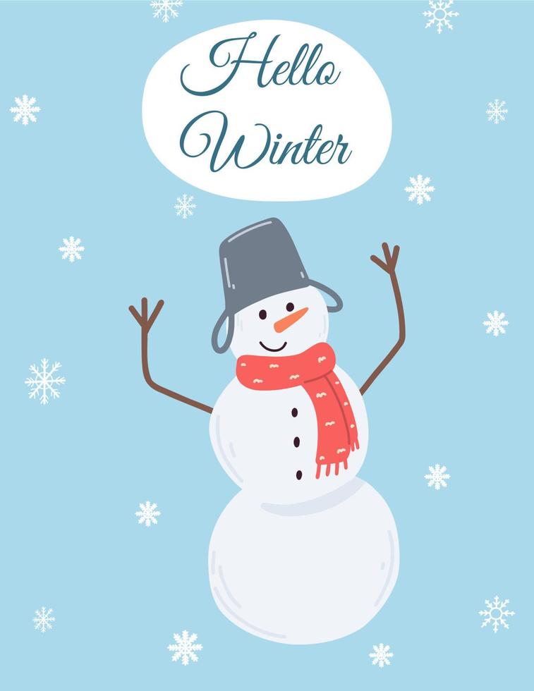 Funny snowman greeting card in cartoon flat style. Hand drawn vector illustration of Christmas card on blue background with snowflake