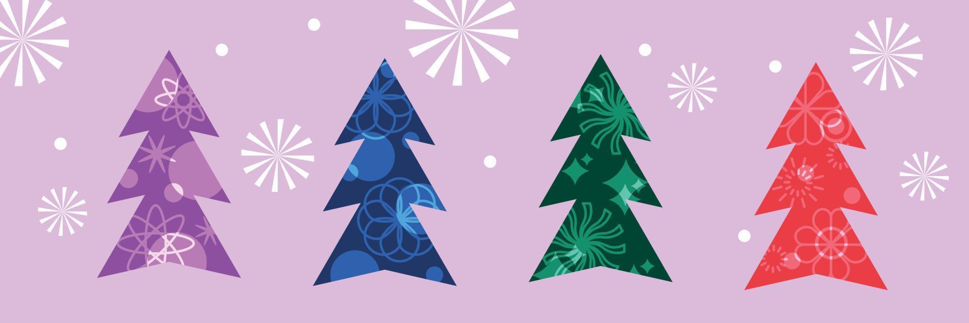 feliz año nuevo y feliz navidad tarjeta de felicitación. árboles de navidad, elementos de decoración, luces. portada de vacaciones, póster. vector