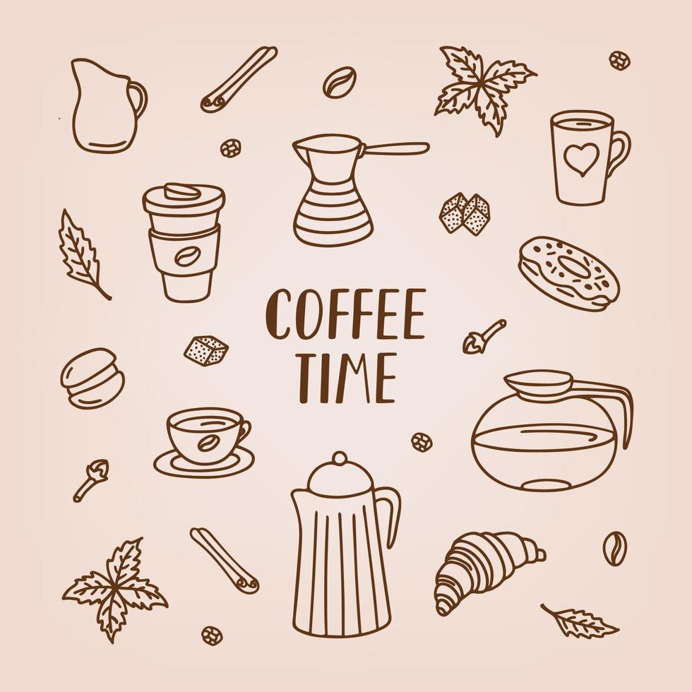 Set of coffee doodle with lettering. Hand drawn vector illustration of cup of coffee, croissant, bagel, macaroni and other dishes for coffee break. Good for menu and cafe design.