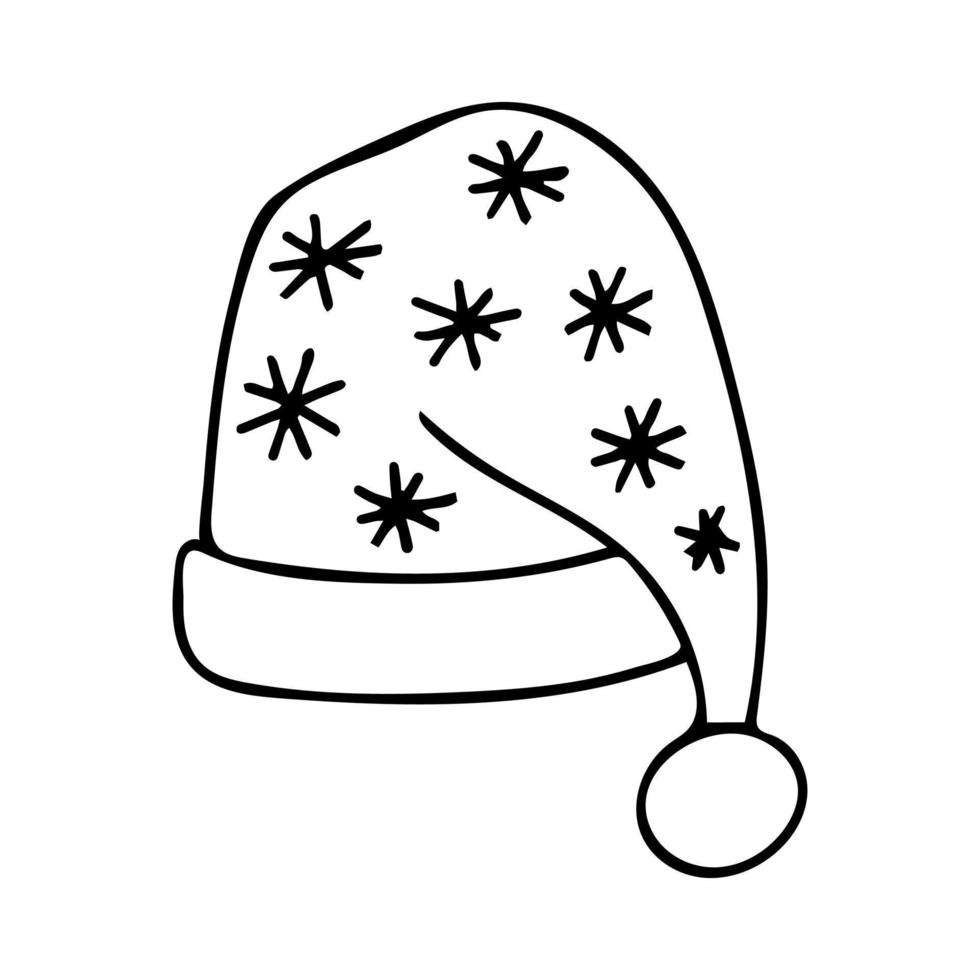 garabato de sombrero de santa con copos de nieve. ilustración dibujada a mano de sombrero de invierno aislado sobre fondo blanco. elemento de diseño para navidad o año nuevo. vector