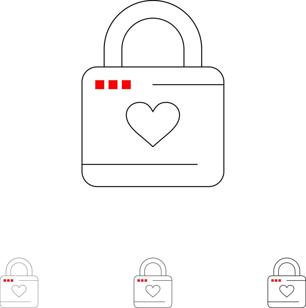 Lock Locker Heart Heart Hacker Heart Lock Bold and thin black line icon set vector