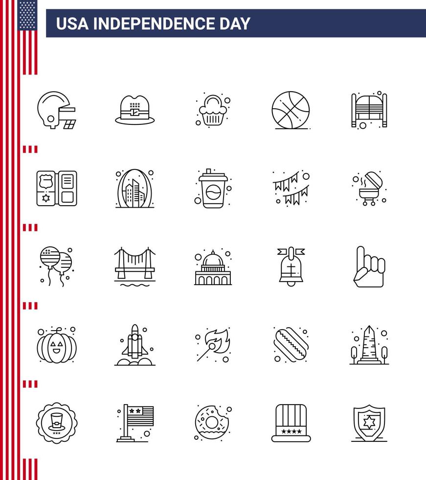 Big Pack of 25 USA Happy Independence Day USA Vector Lines and Editable Symbols of day doors sweet bar sports Editable USA Day Vector Design Elements