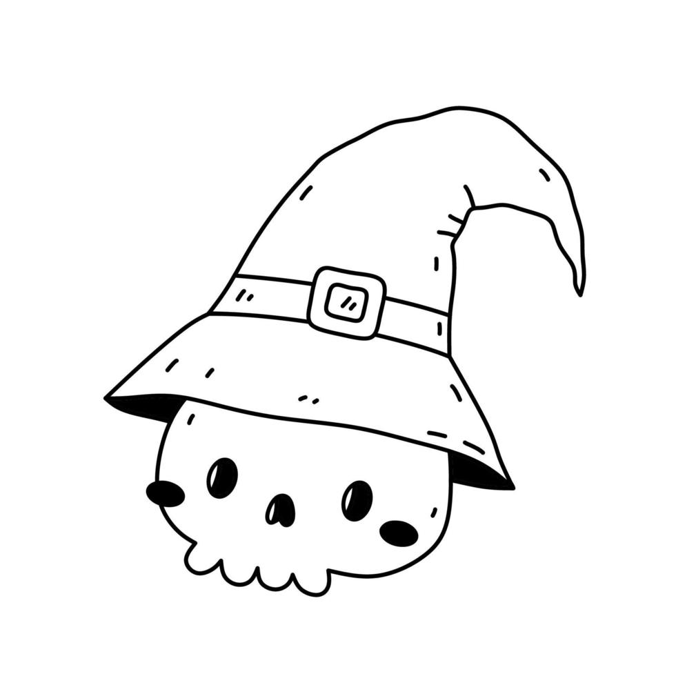 Cute skull in a witch hat  isolated on white background. Vector hand-drawn illustration in doodle style. Perfect for cards, decorations, logo and Halloween designs.
