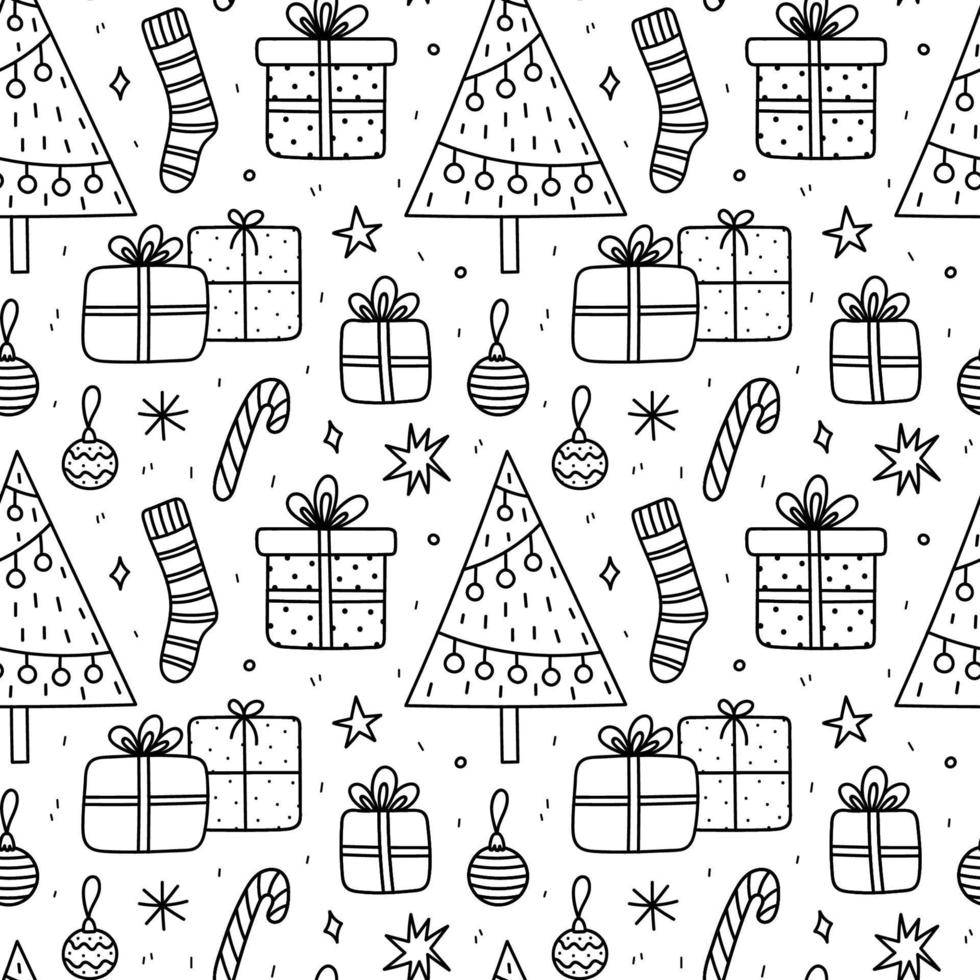 Cute xmas seamless pattern with gifts, baubles, Christmas tree, socks, candy cane, snowflakes and stars. Vector hand-drawn doodle illustration. Perfect for wrapping paper, decorations, wallpaper.