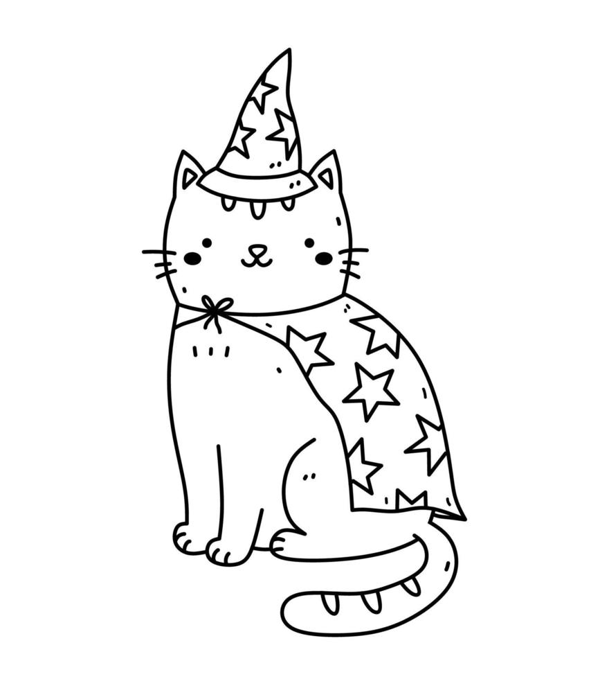 Cute wizard cat isolated on white background. Vector hand-drawn illustration in doodle style. Kawaii character. Perfect for cards, decorations, logo and various designs.