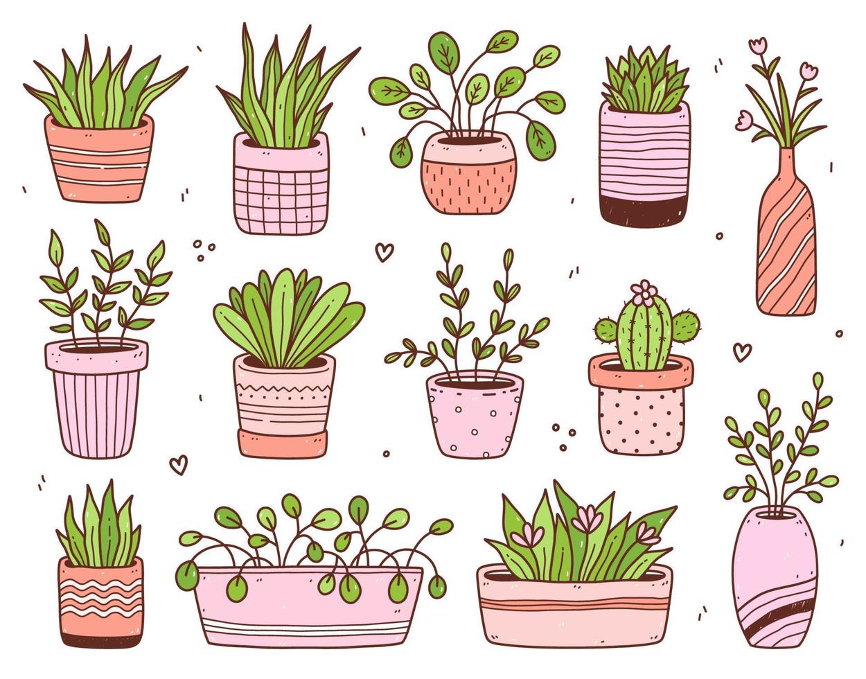 Set of cute houseplants in flower pots isolated on white background. Vector hand-drawn illustration in doodle style. Perfect for cards, decorations, stickers, various designs.