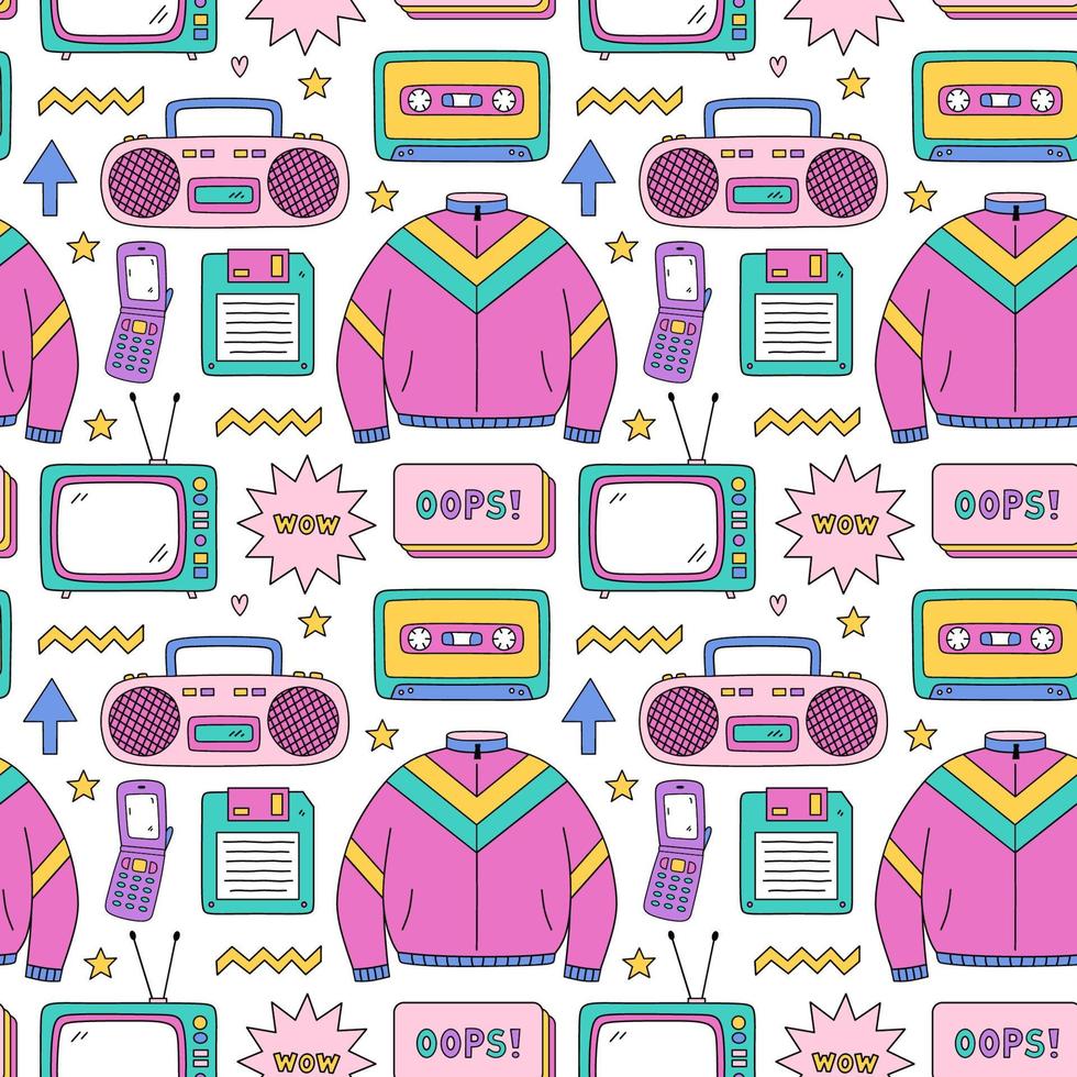 Bright seamless pattern with items from the nineties - retro cassette tape and music boombox, sports jacket, flip phone, floppy disk, tv and stars on white background. Nostalgia for the 1990s. vector