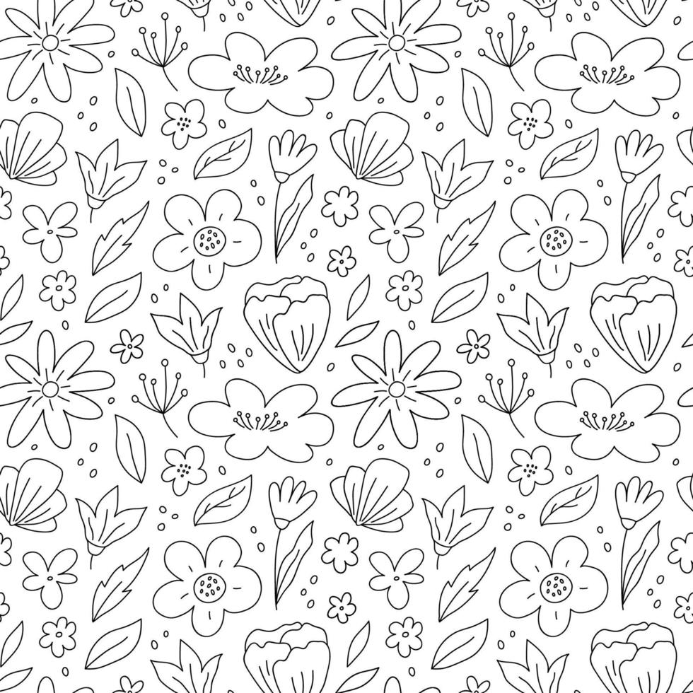 Botanical seamless pattern with flowers, leaves and branches. Vector hand-drawn illustration in doodle style. Perfect for decorations, wallpaper, wrapping paper, fabric. Floral background.