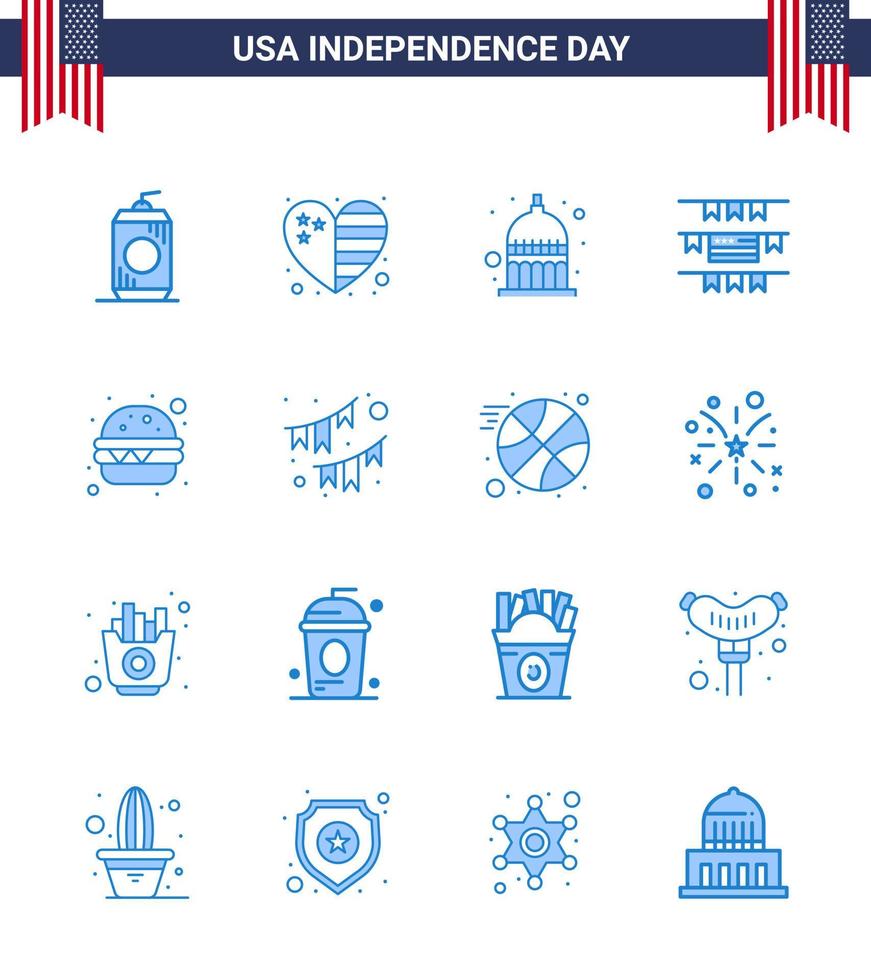 Happy Independence Day 4th July Set of 16 Blues American Pictograph of meal burger indiana american buntings Editable USA Day Vector Design Elements
