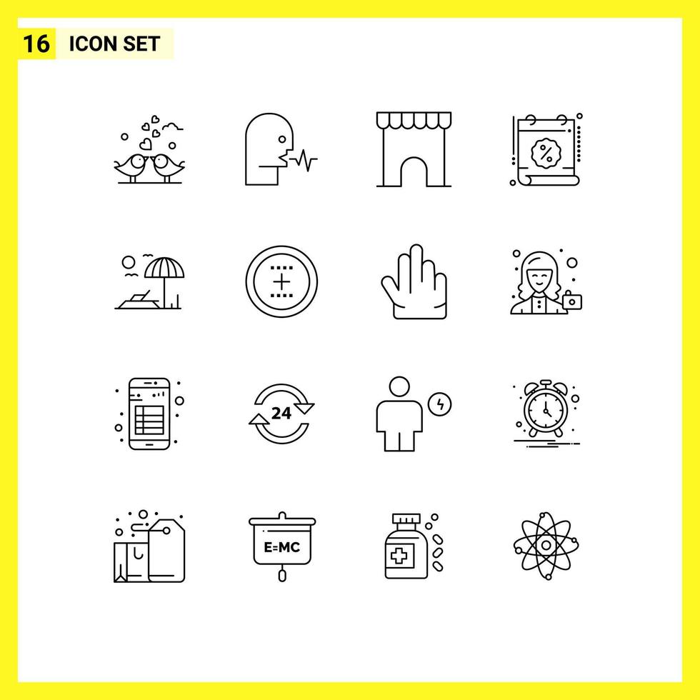 paquete de 16 signos y símbolos de contornos modernos para medios de impresión web, como elementos de diseño de vectores editables del mercado del calendario de voz de fecha y hora