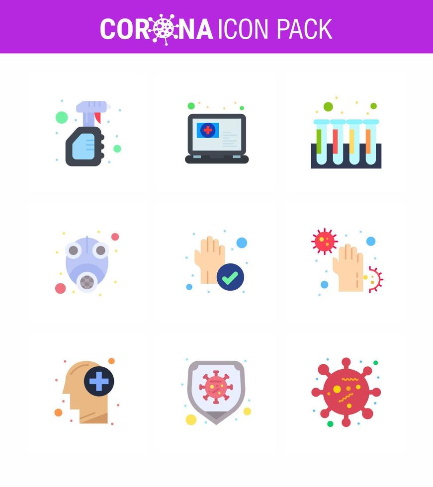 Coronavirus awareness icons 9 Flat Color icon Corona Virus Flu Related such as virus mask appointment gas tubes viral coronavirus 2019nov disease Vector Design Elements