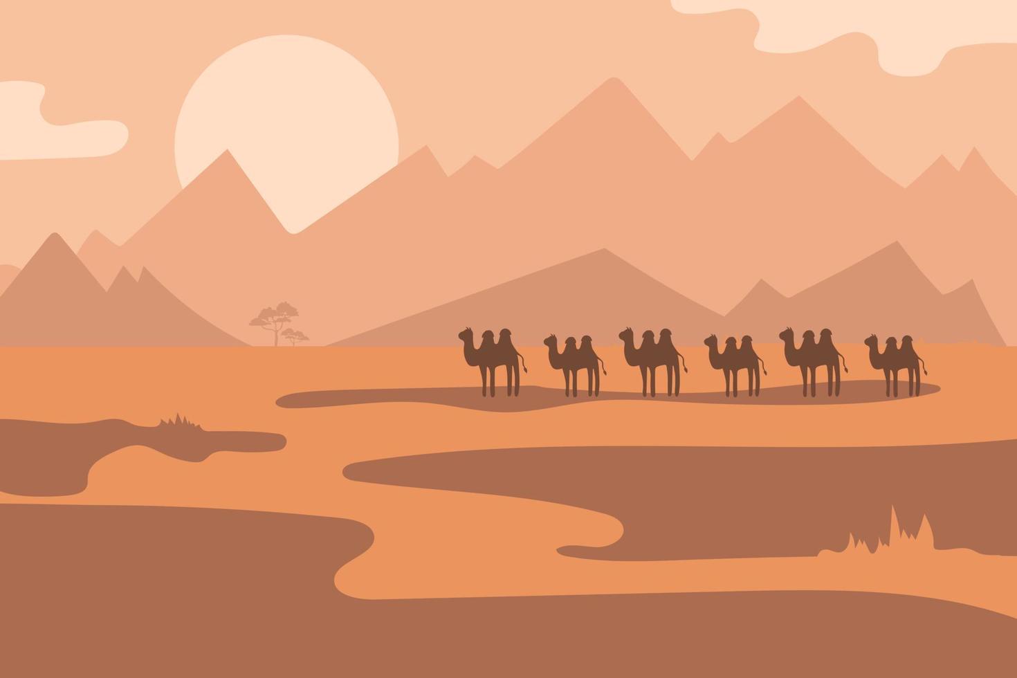 Desert horizontal poster with camels cartoon characters in the savannah. Landscape vector illustration in brown-orange colors