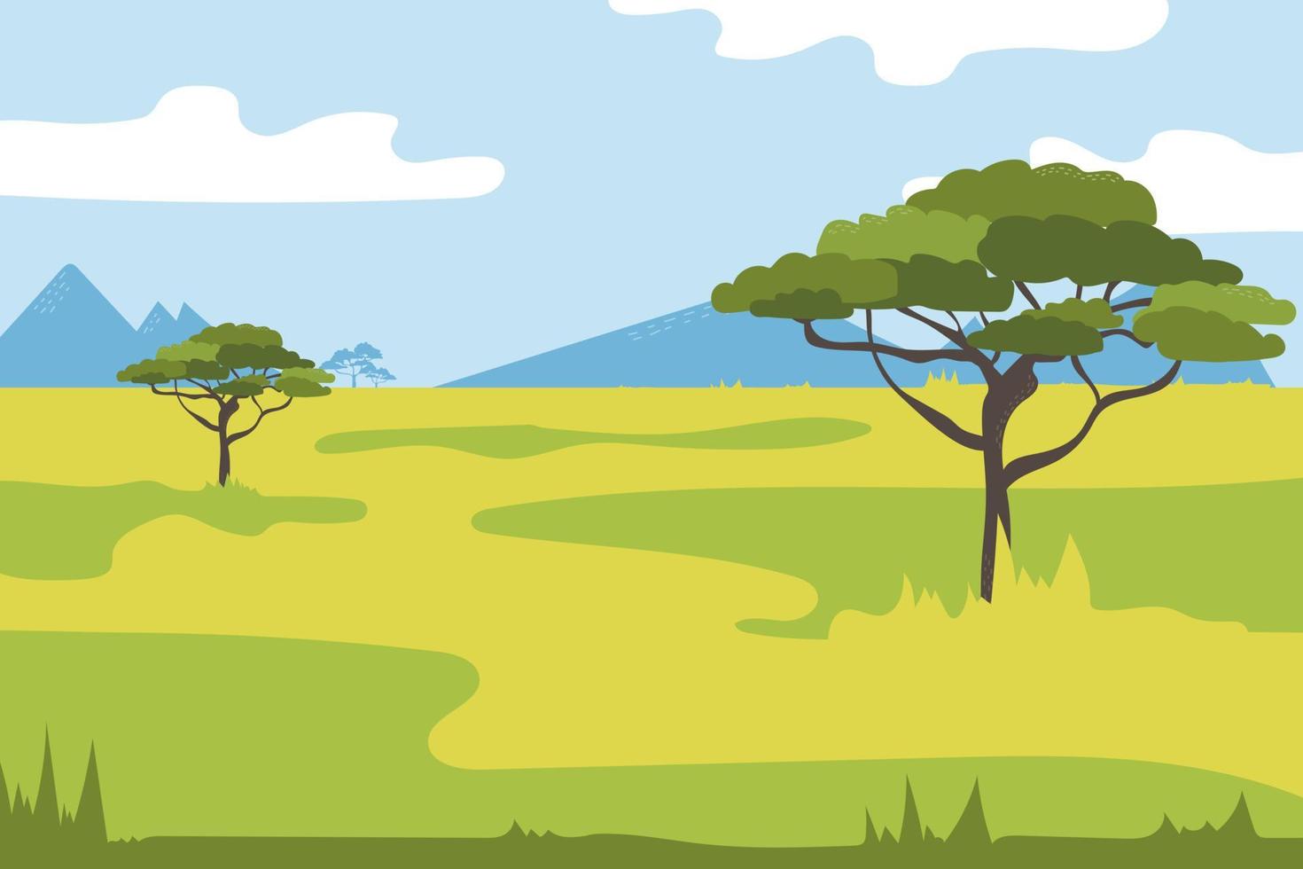 African savannah. Grass, acacia trees. Vector landscape. The nature of Africa. Reserves and national parks.