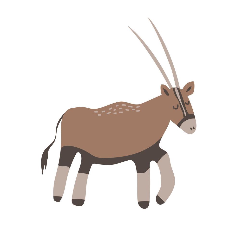 Oryx antelope vector illustration. Gemsbok with long straight horns and dark markings. Desert animal conservation. Cute hand drawn style
