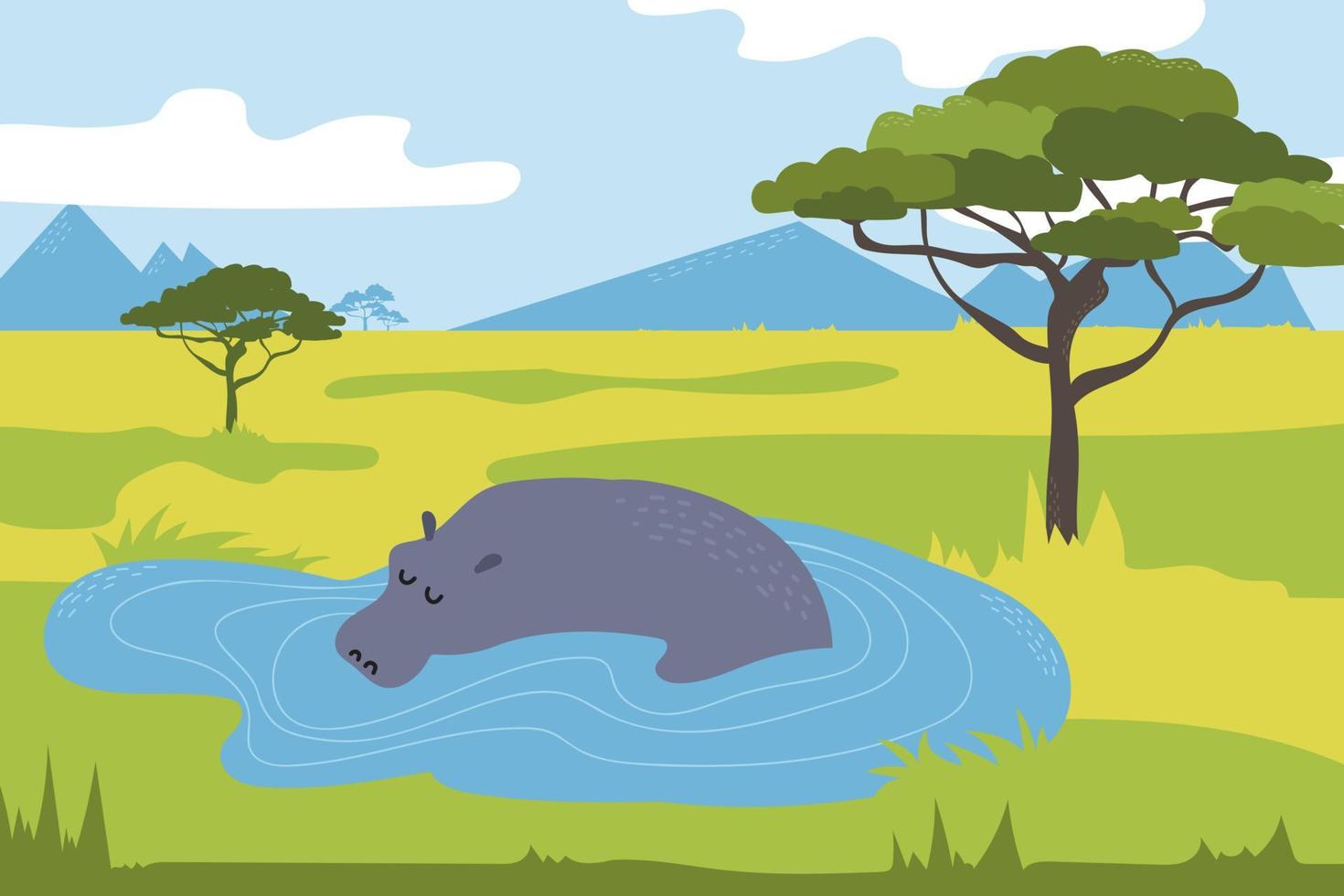 hipopótamo en la sabana. hipopótamo nadando en el lago. animales salvajes  de áfrica. paisaje de vector de dibujos animados 14555060 Vector en Vecteezy