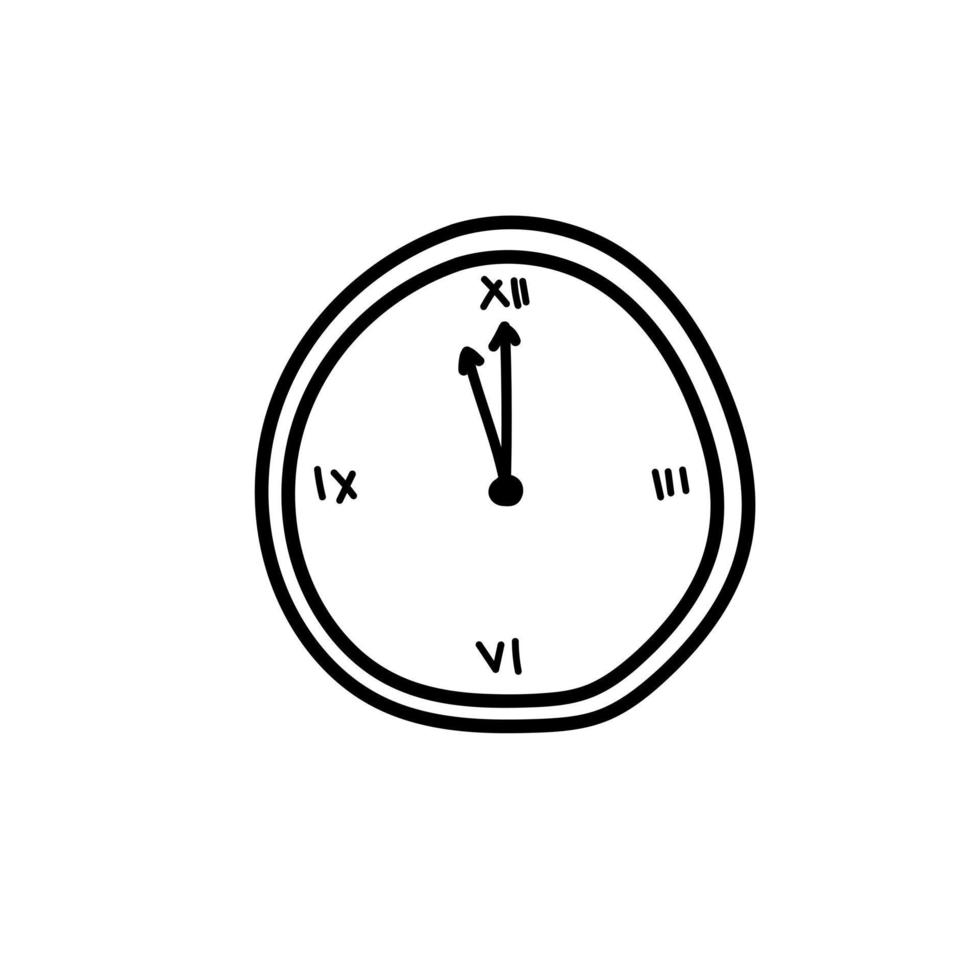 icono de reloj dibujado a mano. unos minutos antes de la medianoche. elemento de navidad en blanco vector