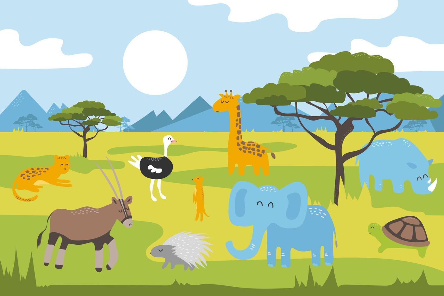 Cartoon wild animals in the savannah. Cartoon panorama with acacia trees, mountains in the background. African animals vector