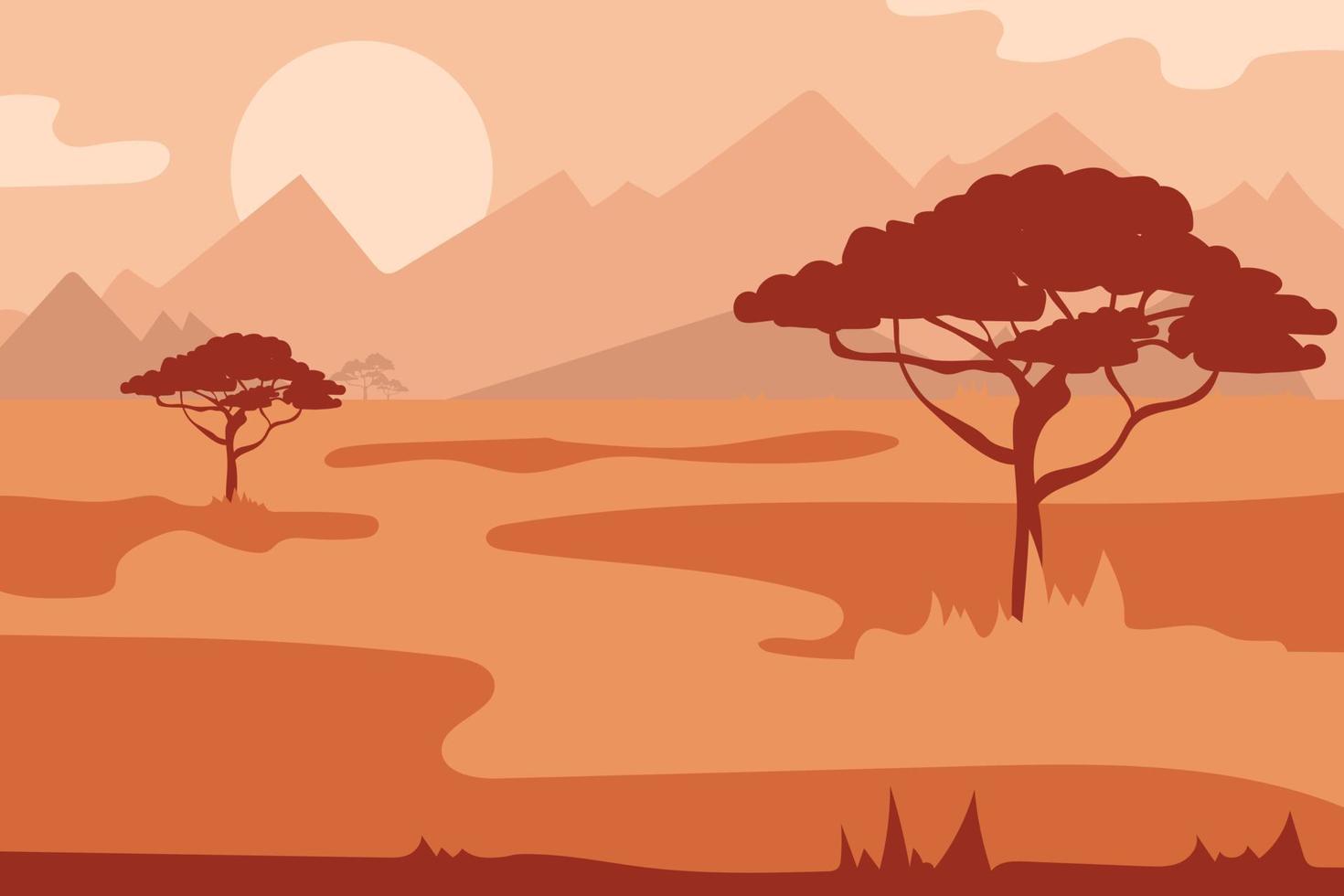 Savannah vector landscape, african tree silhouette in the sunset. The nature of Africa. Reserves and national parks.