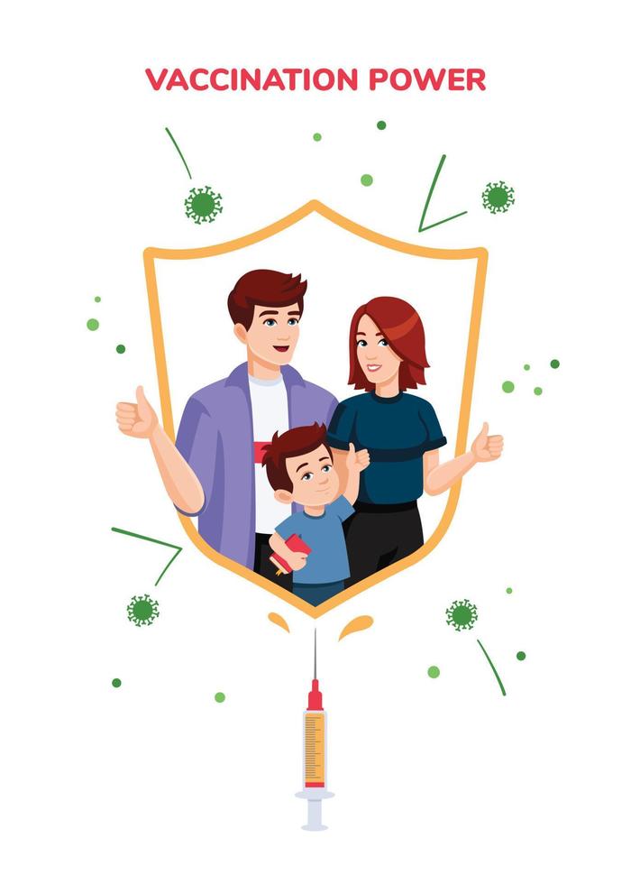 la familia vacunada está protegida contra el coronavirus y la influenza por un escudo de inmunidad. poder del concepto de vacunación. ilustración vectorial en estilo plano. vector