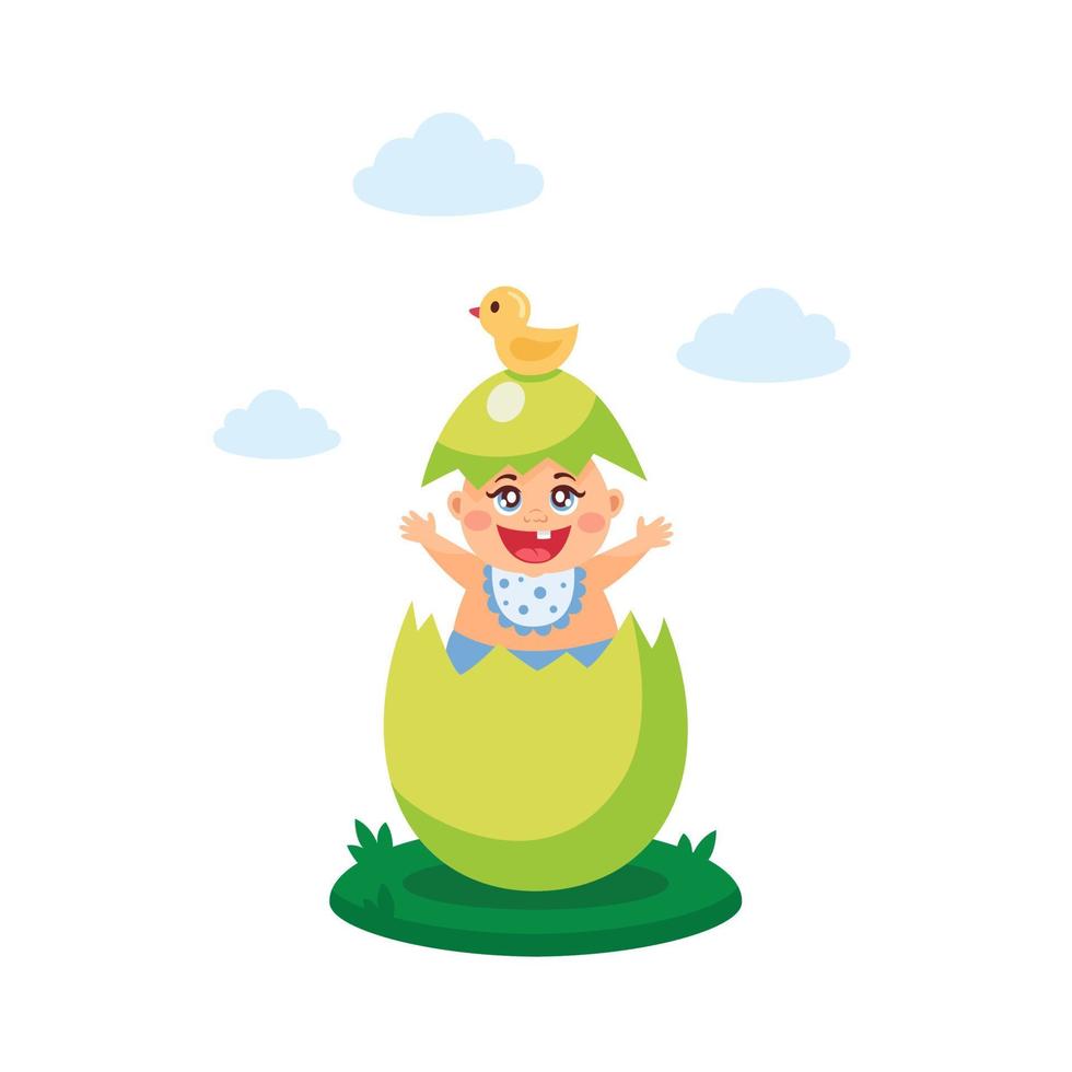 Happy easter, egg hunt flat kid's vector illustration, composition, banner, card, poster with painted egg and newborn baby. Seasonal greeting. Colorful illustration isolated on white background