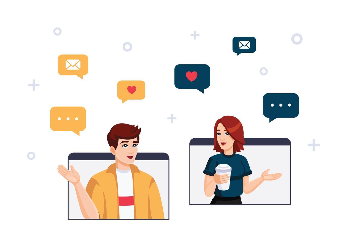 Vector flat illustration about social networks, video conference, chatting, online dating, online communication. Girl and Boy are talking by videoconference