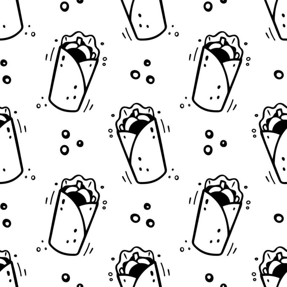 Hand drawn fast food shawarma, burrito, twister seamless pattern. Comic doodle sketch style. Vector Fast food illustration. Sketch of doner, burrito.