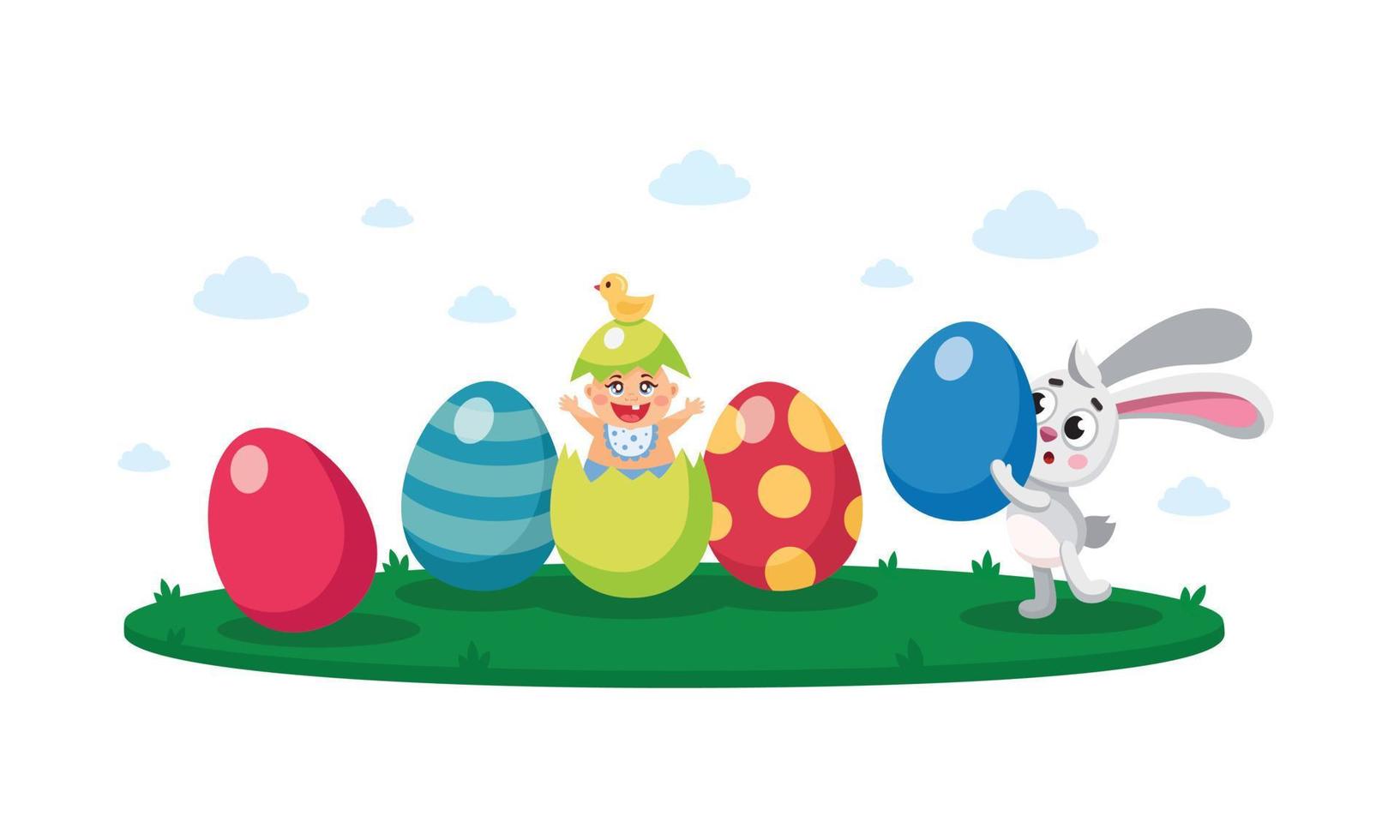 Happy easter, egg hunt flat kid's vector illustration, composition, banner, card, poster with painted, decorative eggs, newborn baby, easter rabbit, bunny, hare, seasonal greeting