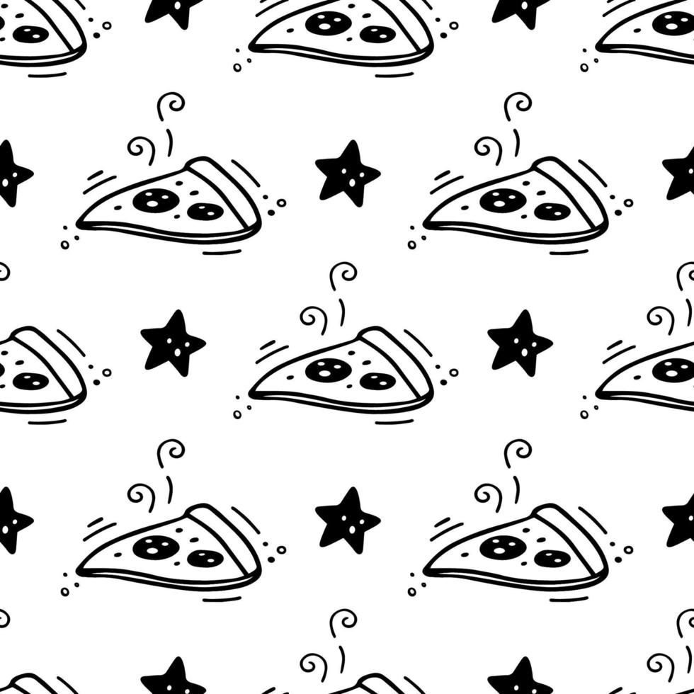 Hand drawn pizza seamless pattern. Fast food pattern. Vector Fast food illustration in doodle style. Vector illustration. Sketch of slice of pizza and star.