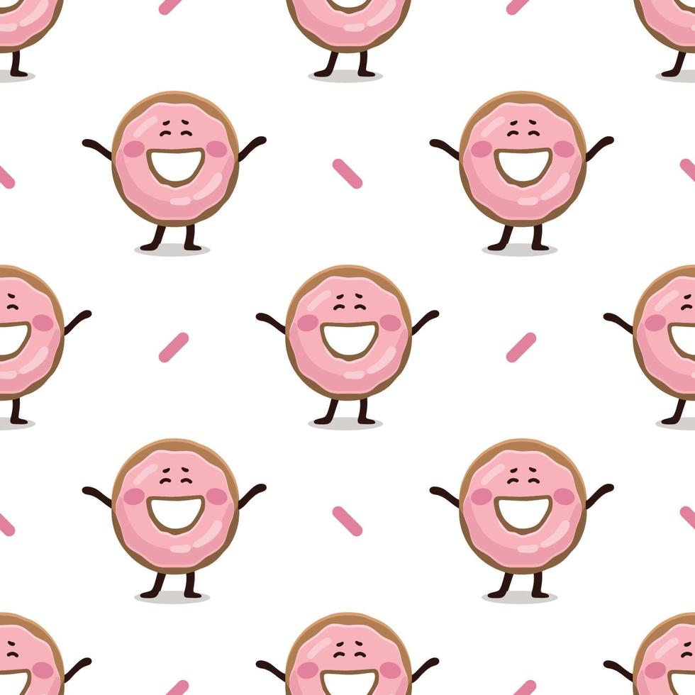 donut feliz de patrones sin fisuras. ilustración de textura de donut rosa. ilustración de comida rápida en estilo plano. divertido patrón textil digital plano para niños de donut feliz glaseado rosa. vector