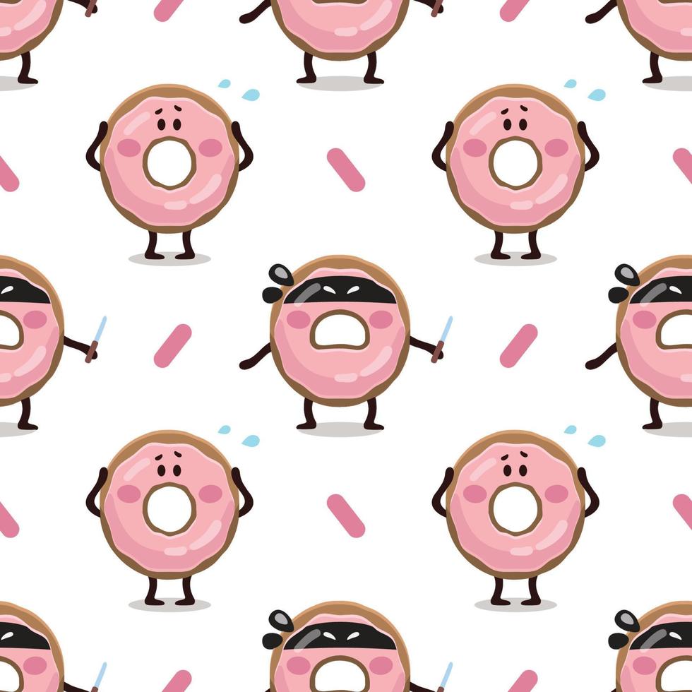 ladrón de donas con cuchillo y patrón sin costuras de donas asustadas. ilustración de textura de donut rosa. patrón textil digital plano para niños divertidos de donut feliz glaseado rosa. vector