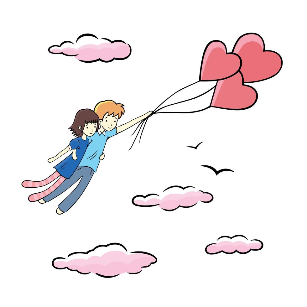 Couple of lovers flying on heart balloons. Digital romantic Illustration for Saint Valentine's Day vector