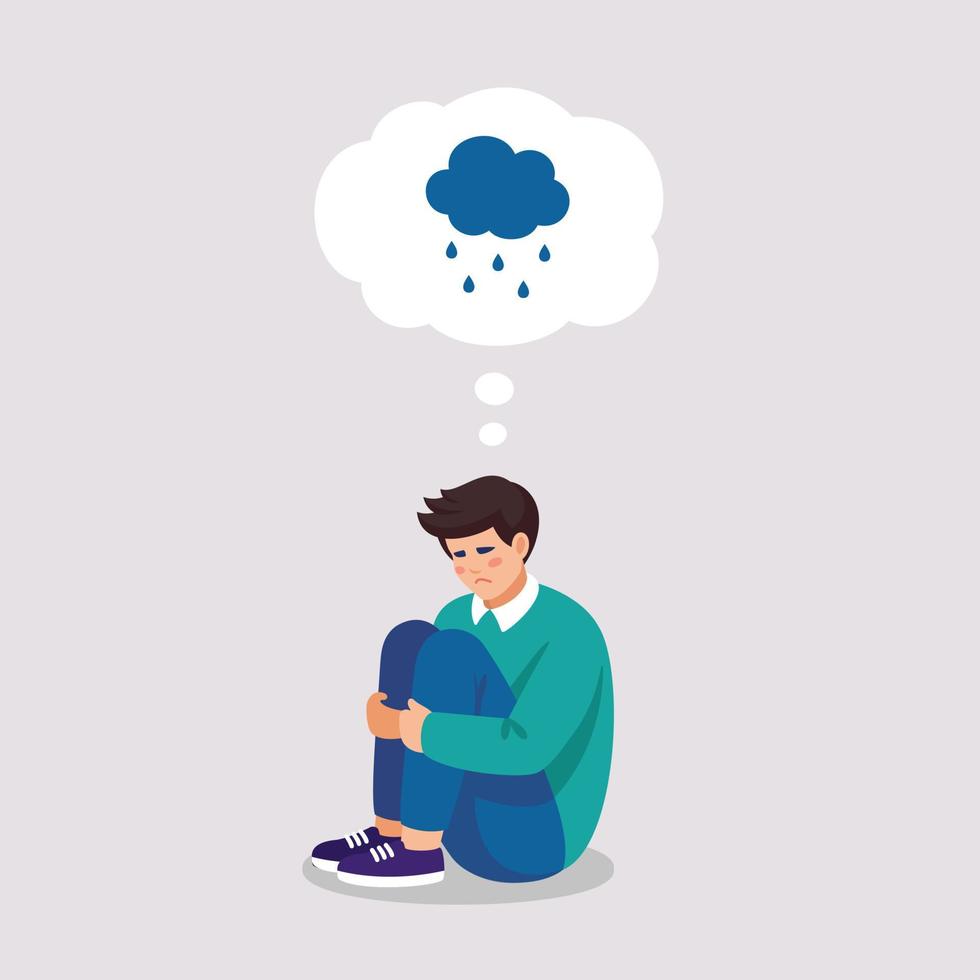 Sad tired boy suffers by symptoms of depressive disorder, tears, stress, crying, no energy, owerworked. Vector illustration about mental problems in cartoon flat style.