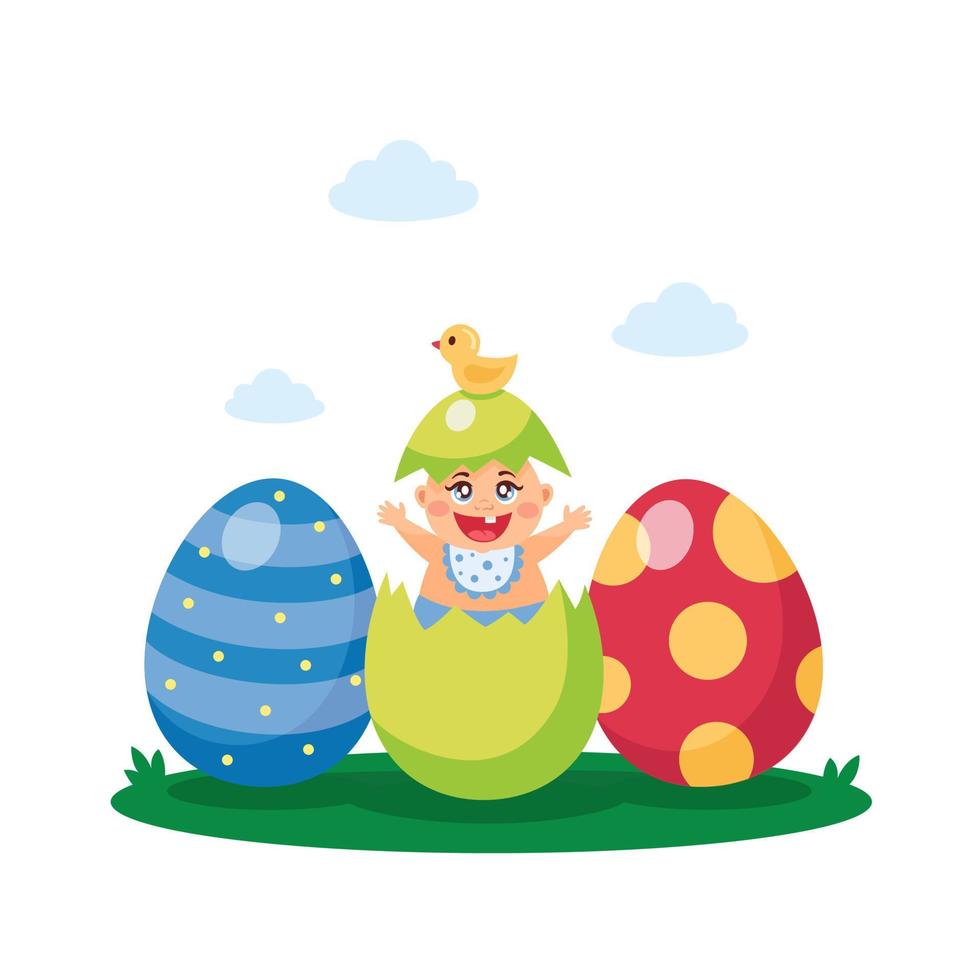 Newborn baby with painted eggs Easter kids vector illustration, banner, postcard, poster, book illustration, flyer.
