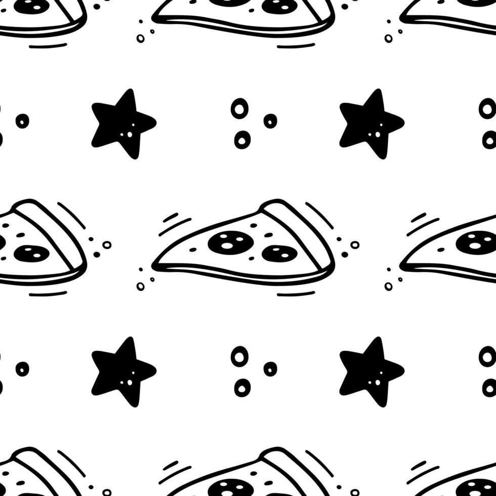 Hand drawn pizza seamless pattern. Fast food pattern. Vector Fast food illustration in doodle style. Vector illustration. Sketch of slice of pizza and star.