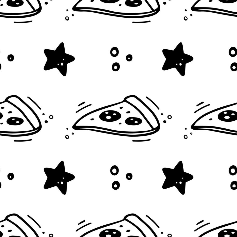 Hand drawn pizza seamless pattern. Fast food pattern. Vector Fast food illustration in doodle style. Vector illustration. Sketch of slice of pizza and star.