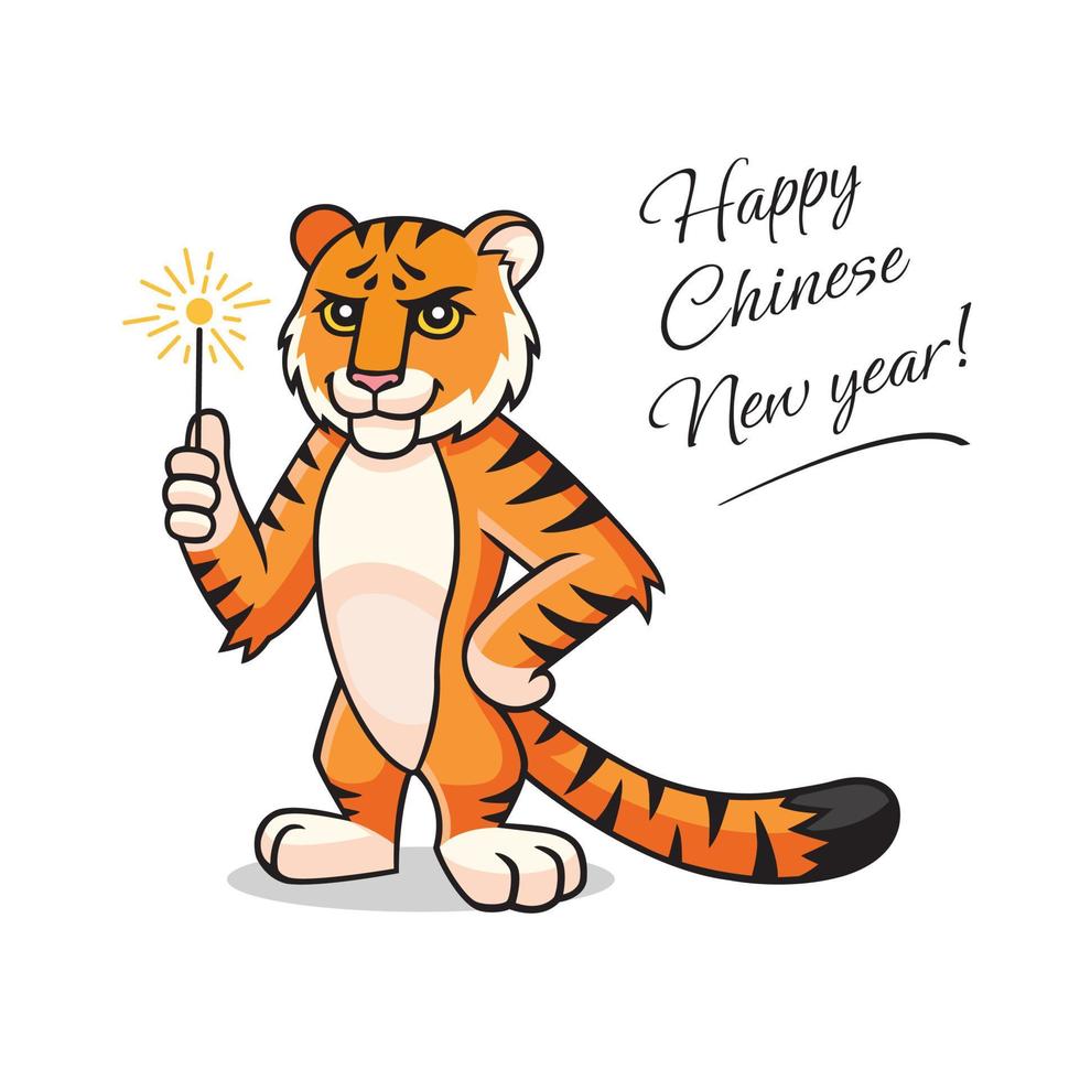 Vector cartoon Tiger. Character, mascot, symbol, sign of Chinese New year. Tiger is holding in hand sparkler. Happy New Year lettering. Lunar new year, year of the tiger postcard, illustration