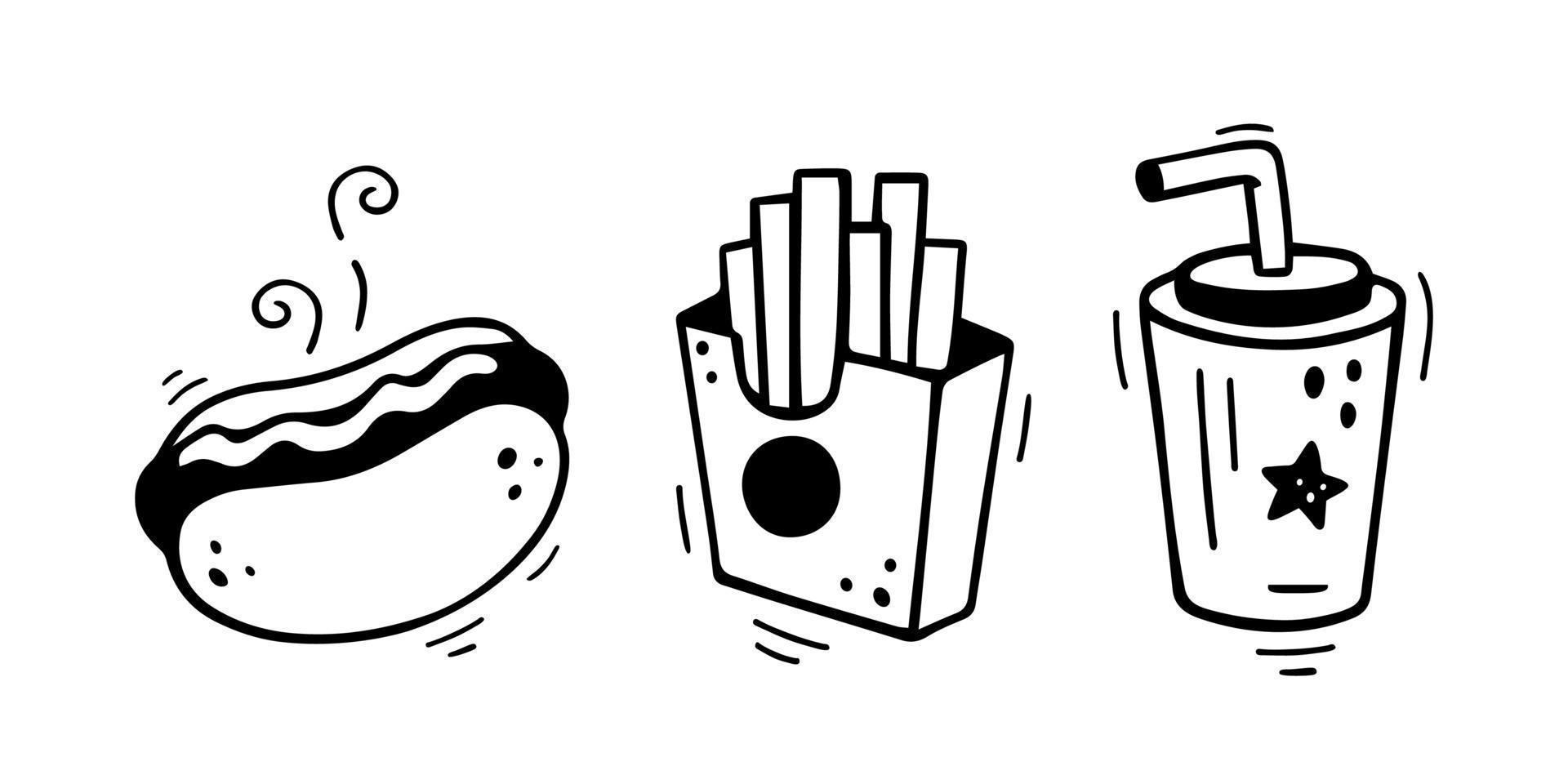 Fast food icons set - hot dog, french fries, paper cup with drink. Hand drawn fast food combo. Comic doodle sketch style. Vector illustration