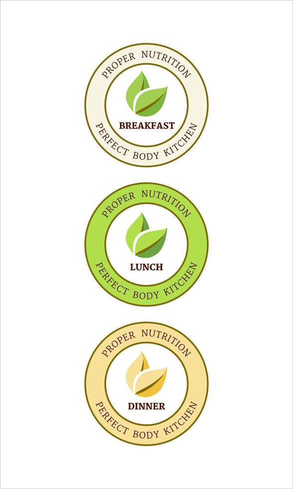 los logotipos para una empresa de alimentos ecológicos, saludables y sostenibles. los logos, stickers para tres comidas - desayuno, almuerzo, cena. concepto de logotipo, signo, diseño, icono de la empresa de alimentos orgánicos. vector