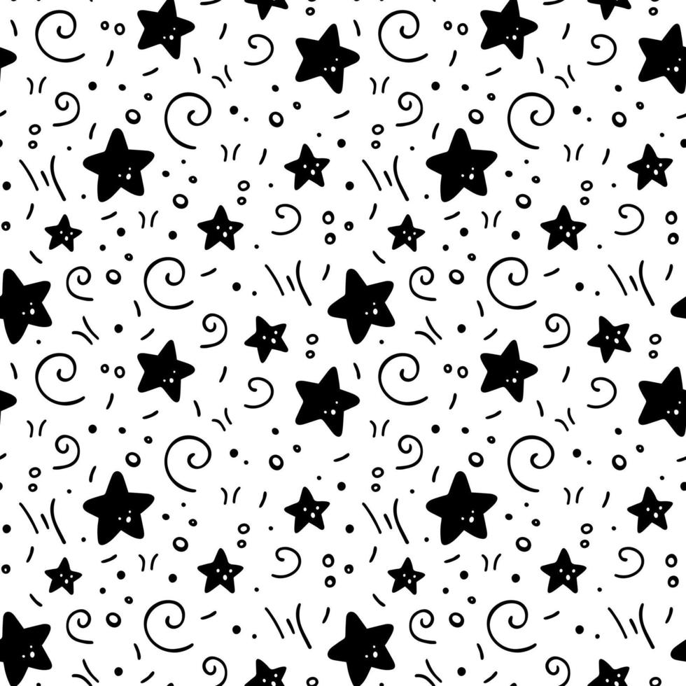 Hand drawn doodle seamless pattern with stars. Wrapping paper with stars, dots, swirls, strokes. Vector fabric texture illustration in doodle style.