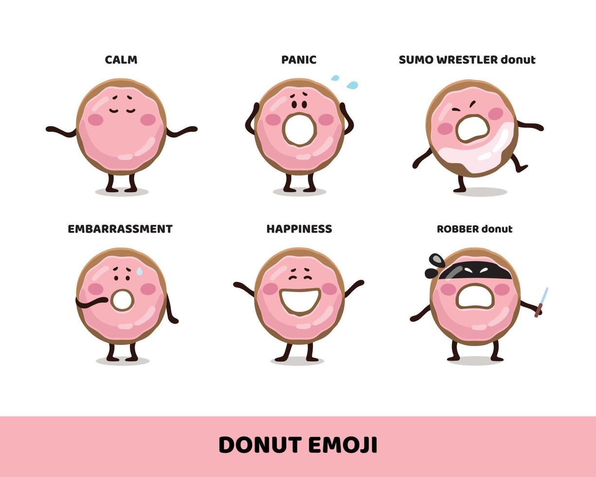 Pink glazed donuts. Funny flat simple kid's emoji stickers, characters, banner, mascots. Emoji collection. Fast food cartoon characters. Doughnut bundle vector