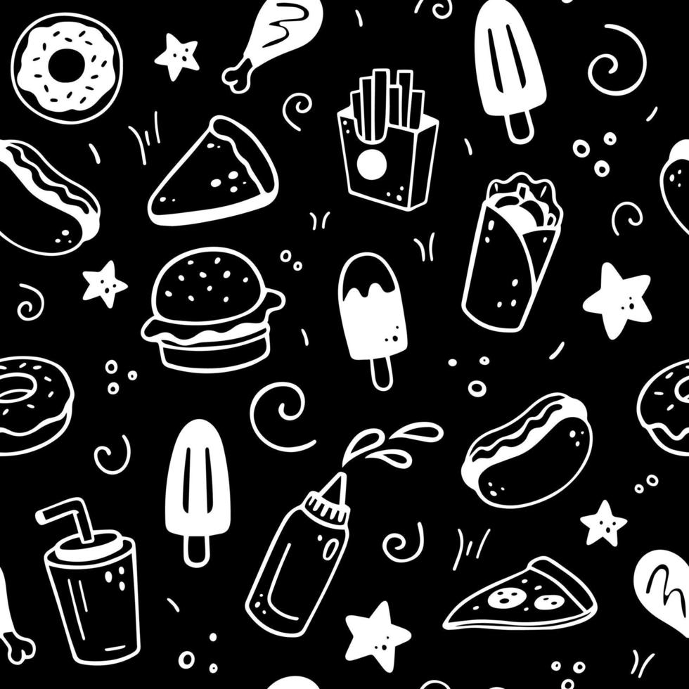 Hand drawn seamless pattern with fast food elements, burger, pizza, hot dog, ice cream, donut, snack on black background. Comic doodle sketch style. Vector illustration