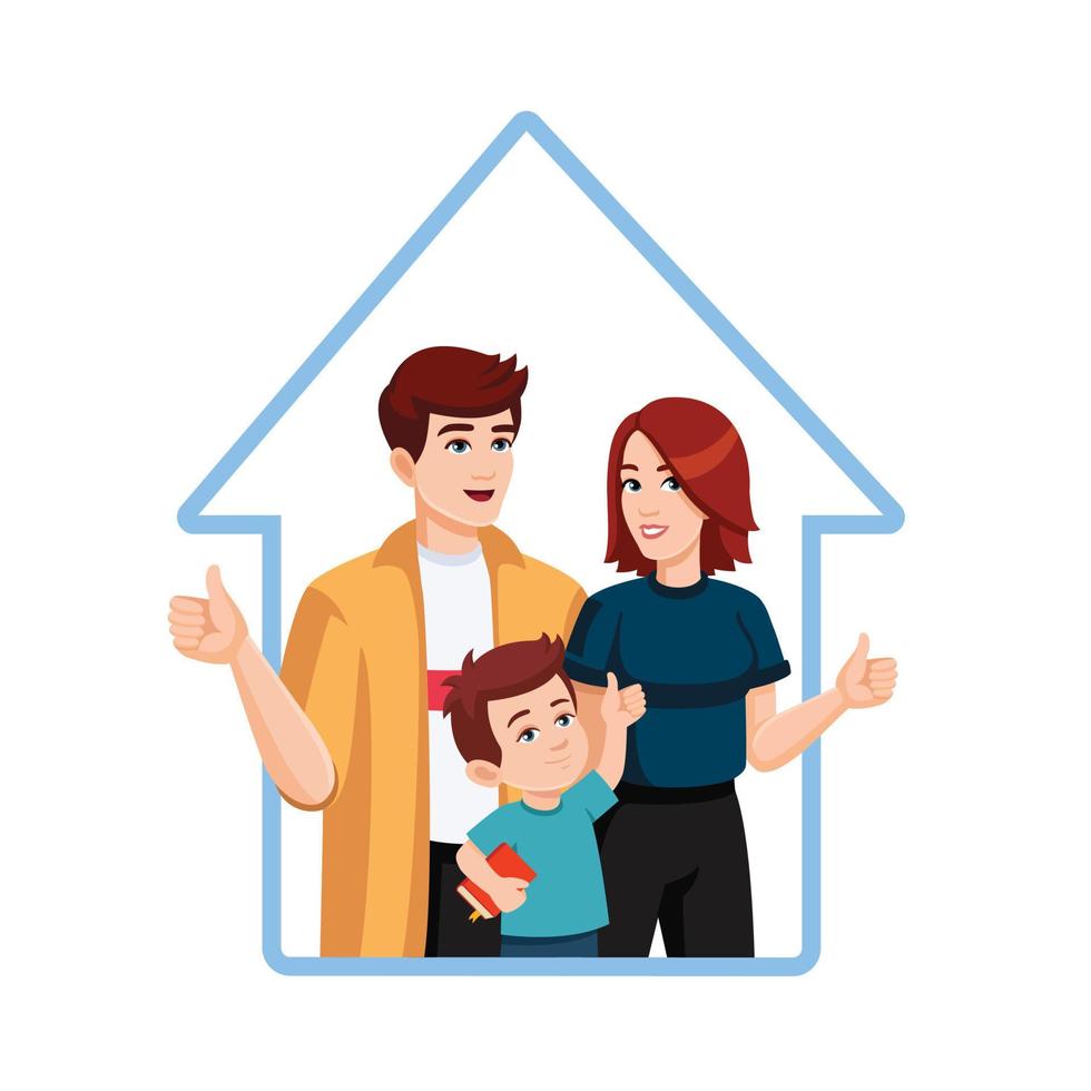 concepto de casa familiar. familia feliz, papá, mamá, hijo muestran los pulgares hacia arriba. concepto de aprobación. ilustración de estilo plano en marco de forma de casa vector