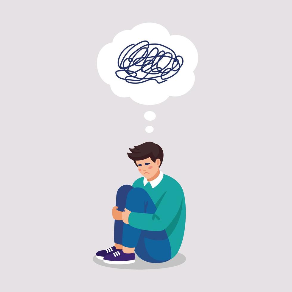 Sad boy suffers of depressive disorder, mental mess, confusion in thought. Vector illustration about mental problems in flat style.